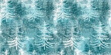 Christmas Tree Seamless Vector Pattern. Watercolor Noel Firs Print, Winter Frozen Pine Trees On Blue Background, Wallpaper, Wrapping Paper Design