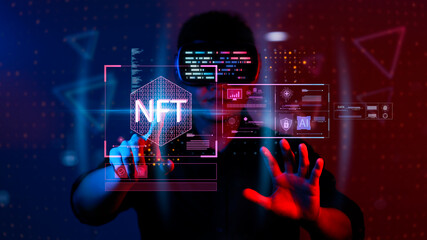 businessman finger touch virtual screen, NFT token digital crypto art blockchain technology concept.