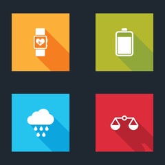 Sticker - Set Smart watch heart beat rate, Battery, Cloud with rain and Scales of justice icon. Vector