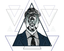 Hand Drawn Portrait Of A Handsome Man With Anonymous Face With Himself Repeated Like In An Endless Mirror Inside Triangles. Isolated Vector Concept Head Illustration In Modern And Surreal Tattoo Art. 
