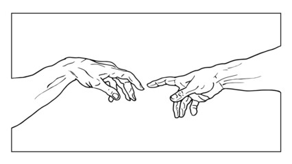 Vector hand drawn black and white illustration from of reaching hands isolated on white background.