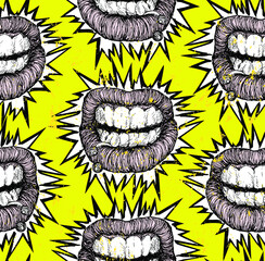 Vector black and white seamless pattern of hand drawn angry mouth with lip piercing in the style of the of punk flyers and posters with sharp spikes bursting out on yellow background.