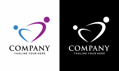 People couple or human love care logo design. Two connected people in heart shape. on a black and white background.