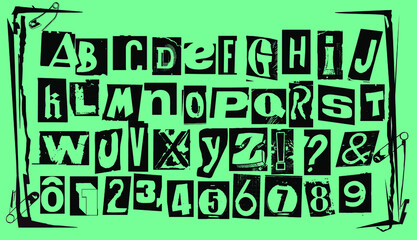 Wall Mural - Punk typography vector alphabet and numbers. Type specimen set for grunge font flyers and posters or ransom note style designs.