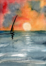 Watercolor Illustration Of A Red And Yellow Sunset Sky Over A Blue Sea With A Sailboat On The Horizon
