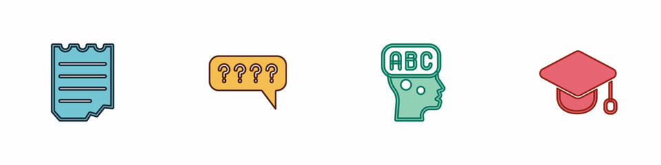 Sticker - Set Notebook, Speech bubbles with Question, Learning foreign languages and Graduation cap icon. Vector