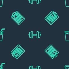 Sticker - Set line Dumbbell, Clipboard with resume and Glass water on seamless pattern. Vector