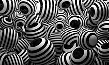 Abstract 3d Illustration Rendering Background Of Falling Black And White Striped Balls.