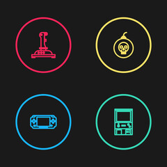 Sticker - Set line Portable video game console, Retro arcade machine, Bomb ready to explode and Joystick for icon. Vector