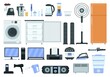 Flat household electric appliances, technology shop icons. Fridge, cooker, iron, washing machine, television, mixer and blender vector set