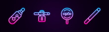 Set Line Electronic Cigarette, No Smoking, And Cigarette. Glowing Neon Icon. Vector