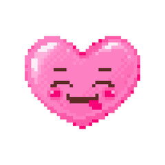 Wall Mural - Pixel art raised delicious face heart emoji. Vintage 8 bit pixel pink emoticon with tongue of goofy hungry face smile. Cute anime kawaii vector icon. Valentine Day romantic heart-shaped design.
