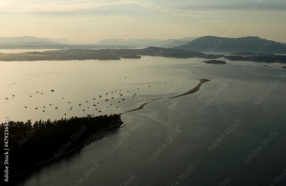 The anchorage at Sidney Spit at sunset, Gulf Islands National Park Reserve of Canada, Sidney Island, British Columbia.