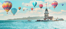 Hot Air Balloon Flying Over Spectacular Maiden's Tower In Istanbul, Turkey (KIZ KULESI - USKUDAR)