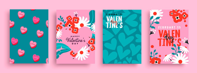 valentine's day pink flower bouquet and hearts card set