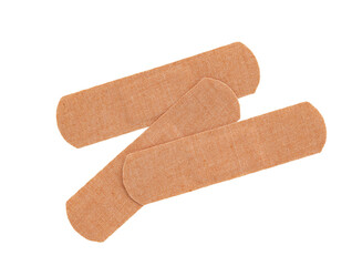 three adhesive plasters strip, medical sticking plasters isolated on white