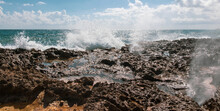 Ocean Waves Crashing On The Limestone Rocks On The Beach Of Tropical Island Cozumel, Mexico In Quintana Roo