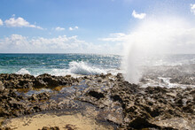 Ocean Waves Crashing On The Limestone Rocks On The Beach Of Tropical Island Cozumel, Mexico In Quintana Roo