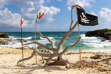 Flags Of Mexico And The United States Blow In The Wind On A Large Piece Of Wood Shaped Like An Octopus Alongside A Skull And Crossbones Pirate Flag On A Sandy Beach Surrounded By Turquoise Ocean Water
