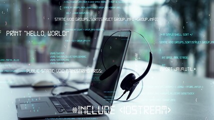 Programming and coding of future software envisional graphic . Computer application development concept .