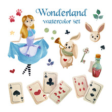 Watercolor Wonderland Set. Hand Drawn Vintage Art Work With White Rabbit, Girl In Blue Dress And Playing Cards