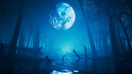 Wall Mural - Full moon over the misty river in the middle of a dark forest at night. Mystery.