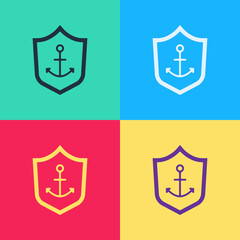 Poster - Pop art Anchor inside shield icon isolated on color background. Vector