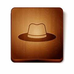 Poster - Brown Man hat with ribbon icon isolated on white background. Wooden square button. Vector