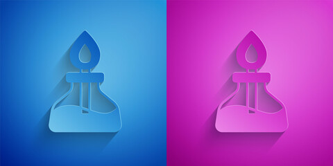 Poster - Paper cut Alcohol or spirit burner icon isolated on blue and purple background. Chemical equipment. Paper art style. Vector