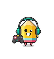 Wall Mural - pencil gamer mascot holding a game controller