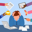 Businessman work hard and busy at office in flat design. Company employee working overtime with stress.