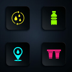 Sticker - Set Water filter, Recycle clean aqua, drop with location and Bottle of water. Black square button. Vector