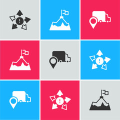 Sticker - Set Many ways directional arrow, Mountains with flag and Delivery tracking icon. Vector