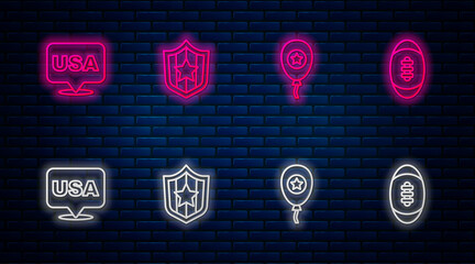 Sticker - Set line Shield with stars, Balloons, USA Independence day and American Football ball. Glowing neon icon on brick wall. Vector