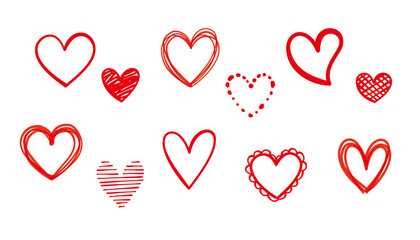 Wall Mural - red doodle heart, vector hand drawn illustration set