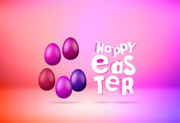 Wall Mural - Happy Easter greeting card with colorful eggs and 3d text