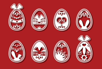 Wall Mural - Easter eggs set. White abstract ornamental flower eggs for laser cutting on red background. Icons for greeting card