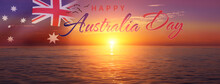 Happy Australia Day. Sailing Ship And Nation Flag On Sunset Background.
