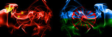 Flags Of China, Chinese Vs Gipsy. Smoke Flag Placed Side By Side On Black Background.