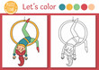 Circus coloring page for children with gymnast on a hoop. Vector amusement show outline illustration with cute stage performer. Color book for kids with colored example.