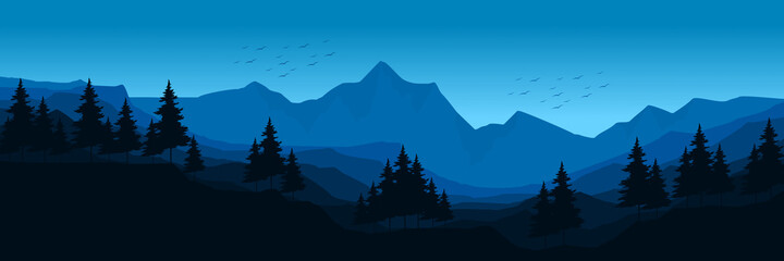 blue nature outdoor mountain landscape flat design vector illustration good for wallpaper, backdrop, background, web banner, and design template