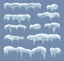 Snow Drifts With Ice Icicles On Blue Background. Frozen Ice Caps, Christmas And New Years Winter Decor Elements.