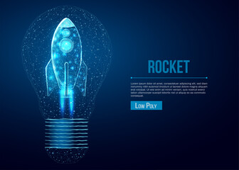 Wall Mural - rocket launch in lightbulb, wireframe polygonal style. internet technology network, business startup