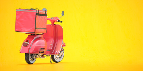 Wall Mural - Scooter express delivery service. Pink motor bike with delivery bag  on yellow background.