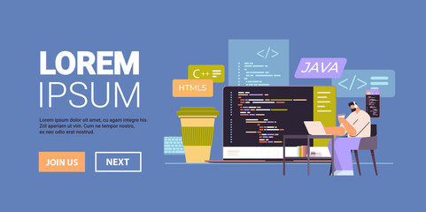 Wall Mural - web developer creating program code on laptop screen development of software and programming concept
