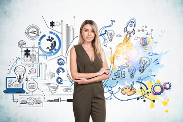 Wall Mural - office woman and sketch with analytical and creative thinking on