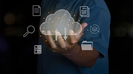 Cloud Computing. man holding virtual icon cloud server computing connection data information in hand. Cloud computing and technology internet storage network concept