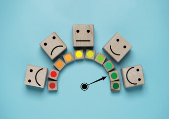 Poster - Customer evaluation indicator rating print screen wooden cube block since low to high on blue background for client satisfaction after use product and service  concept.