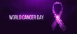 World cancer day concept. Banner with glowing low poly purple ribbon awareness. Futuristic modern abstract background. Vector illustration