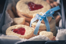 Sweet Biscuits For Valentine With Heart Shape And Red Jam.